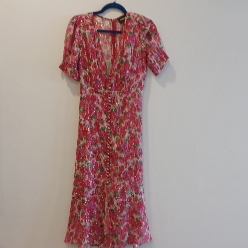 The Kooples Pink Floral V-Neck Midi Dress